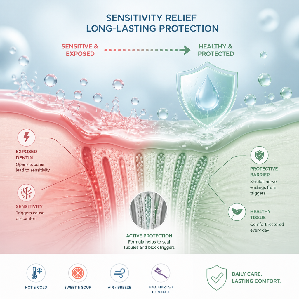 Abstract illustration of oral tissue sensitivity with protective elements and healing transitions