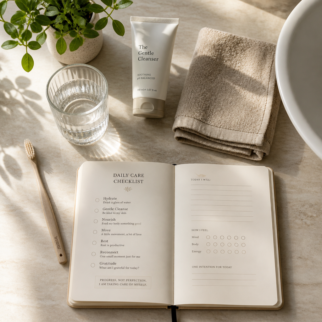 Bathroom counter with gentle morning oral care routine setup and wellness journal
