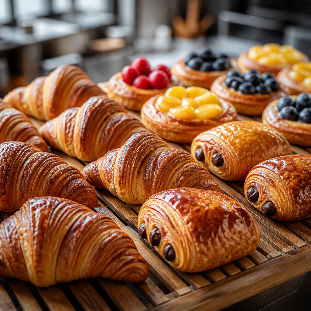 Artisan French pastries displayed on cooling racks in a professional bakery kitchen