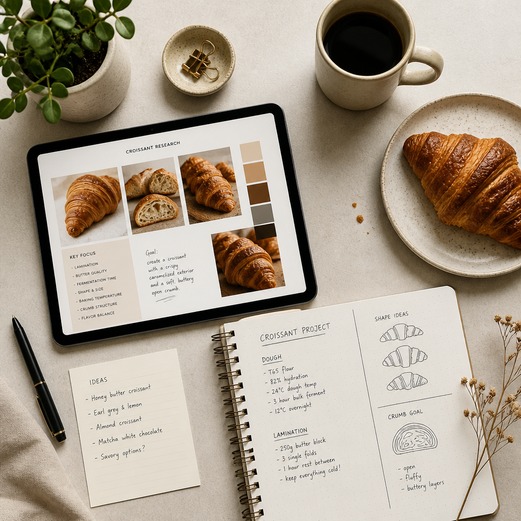 Workspace with tablet and pastry research materials for finding artisan bakeries
