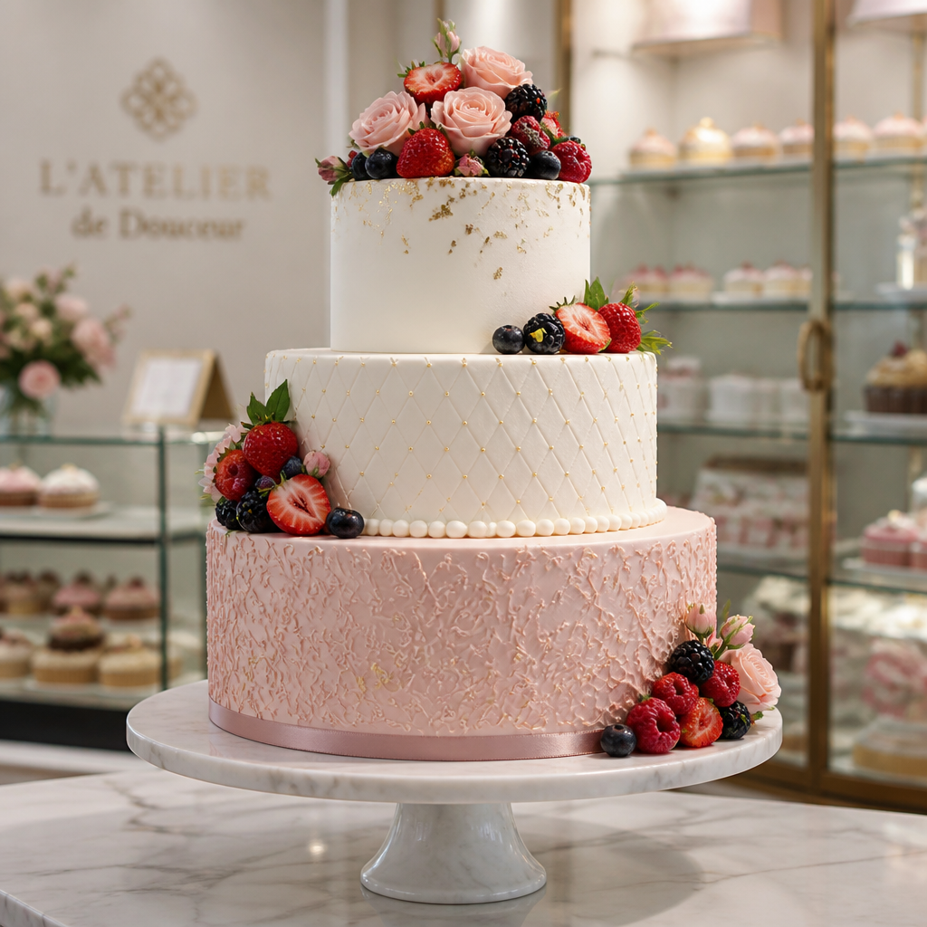 Ornate celebration cake displayed in a professional patisserie setting