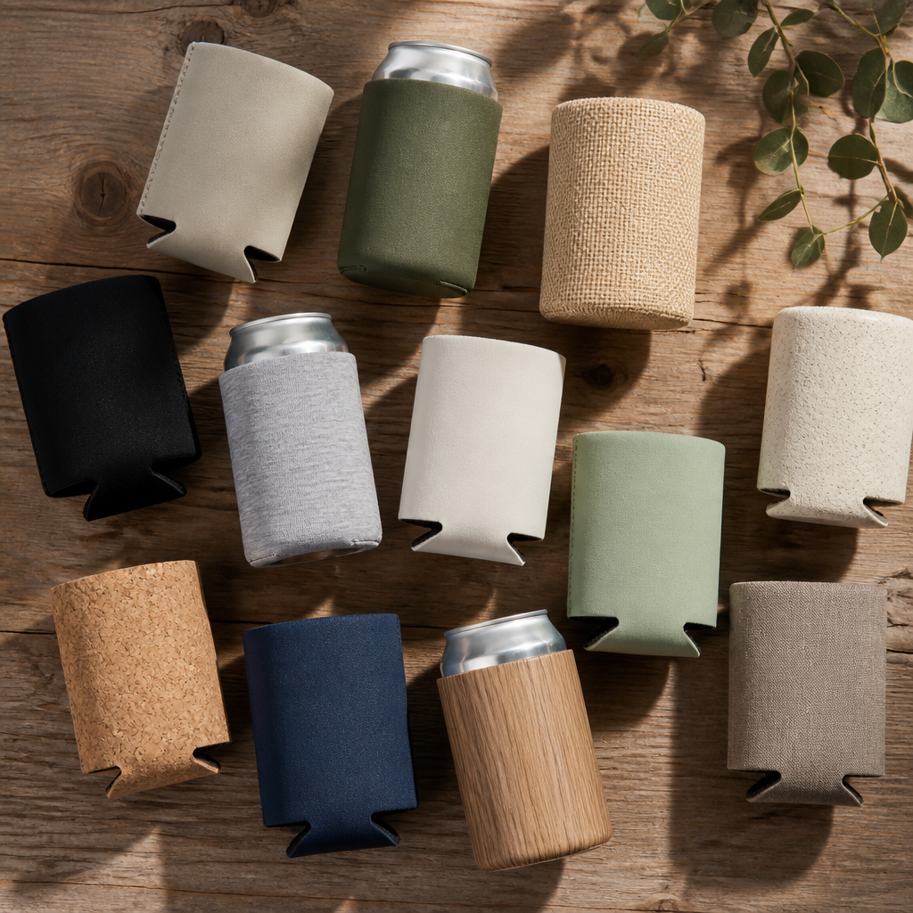 Overhead view of different custom can insulator materials and designs arranged on wood