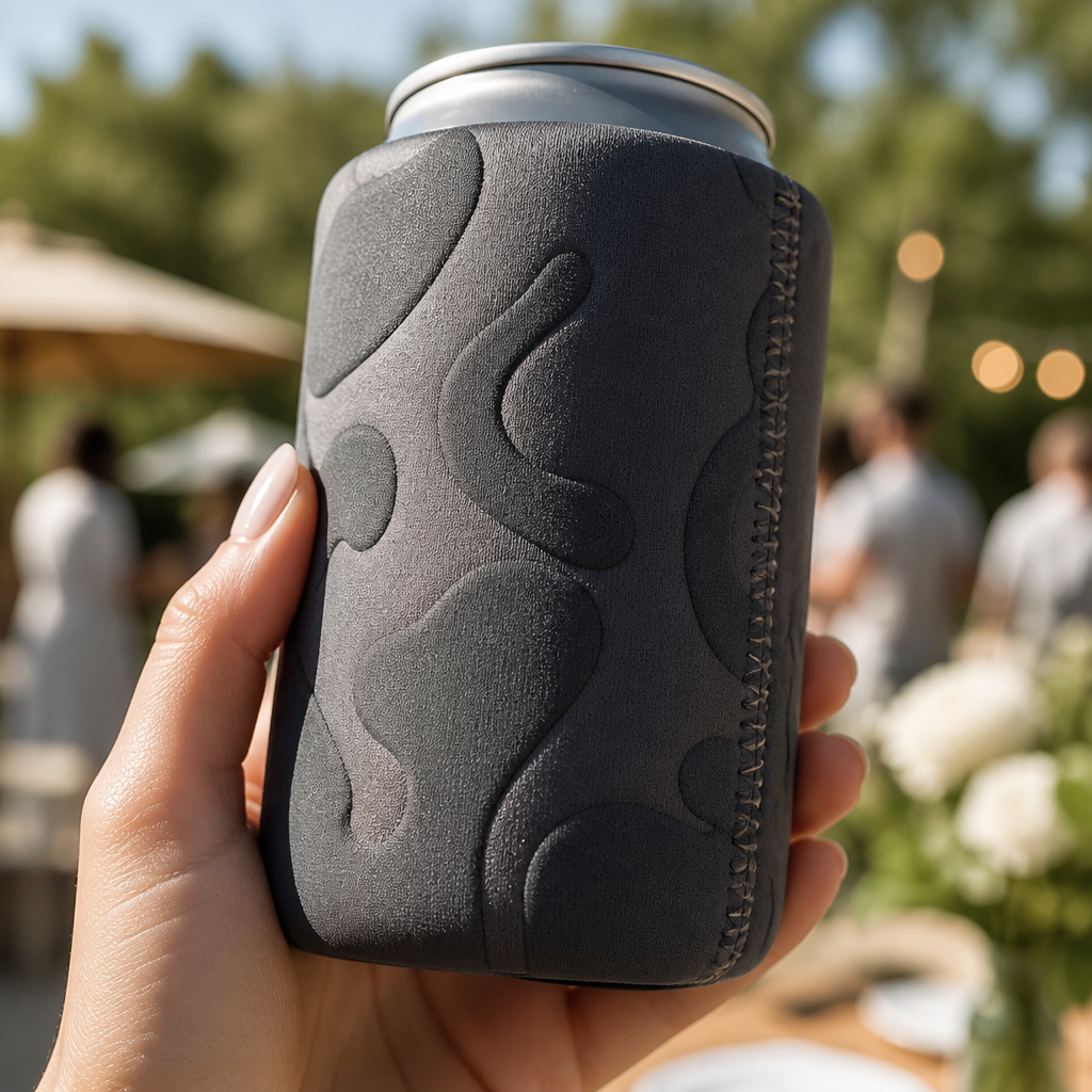 Close-up of a quality custom can insulator being held outdoors at an event