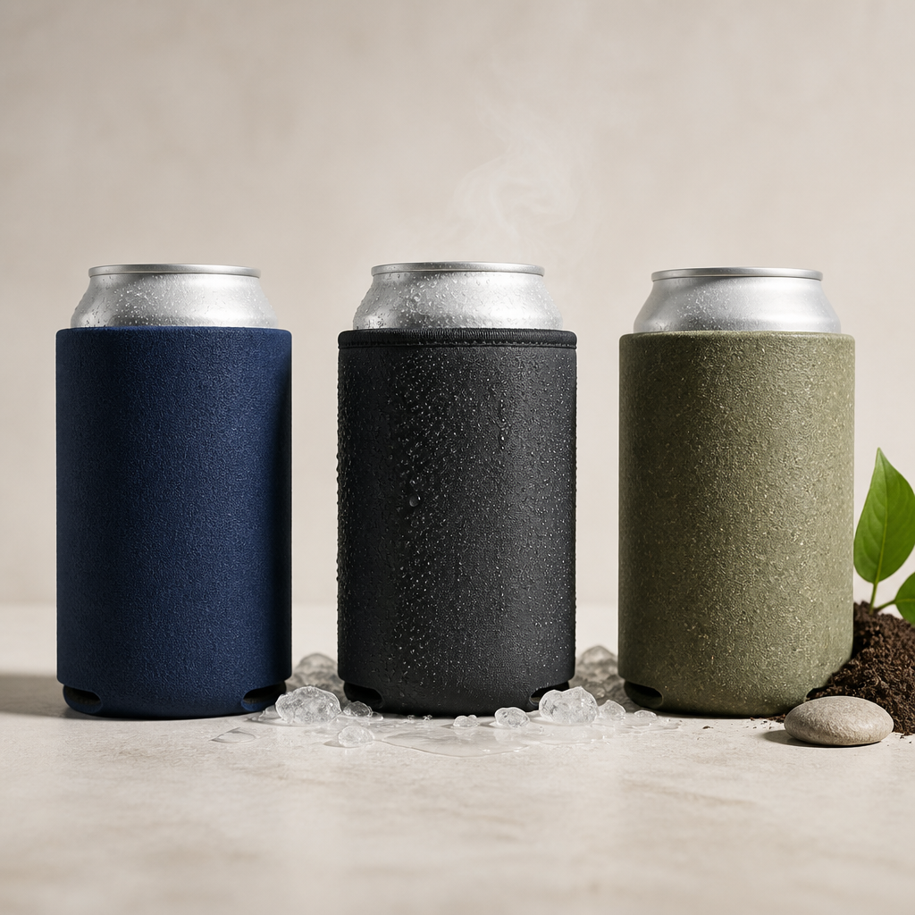 Three can insulators displayed side by side representing different material quality levels