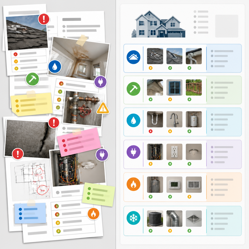 Visual comparison of disorganized versus organized inspection report layouts