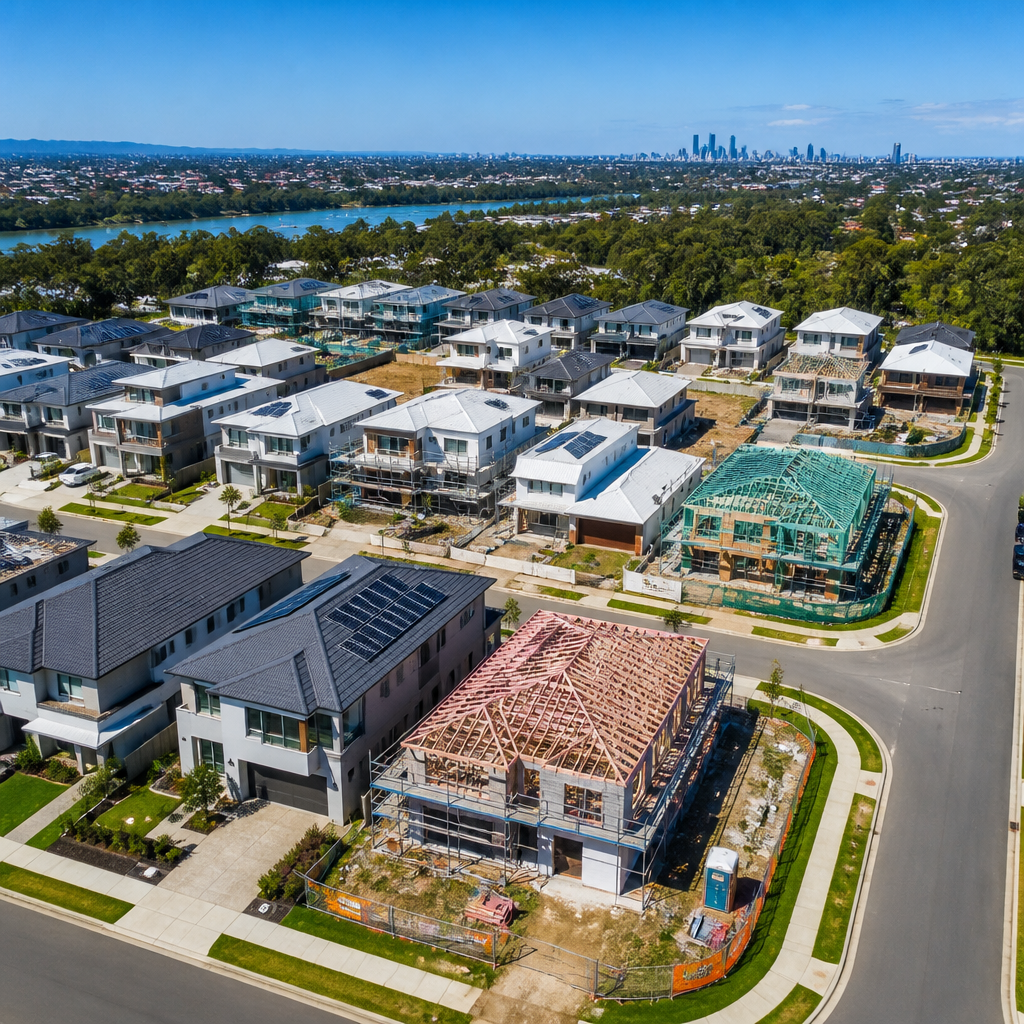 Overhead view of Brisbane residential neighborhood with new construction homes