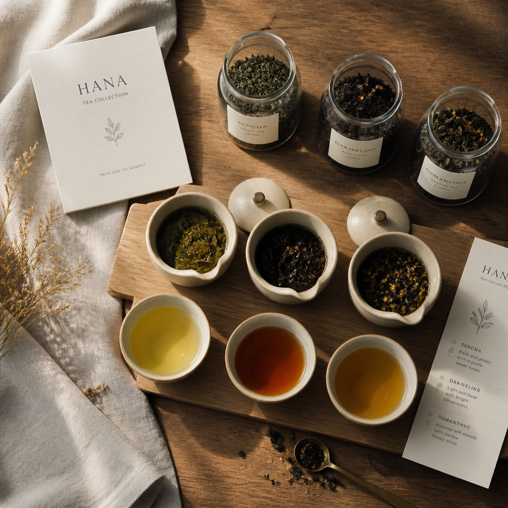 Premium loose leaf teas displayed in glass jars with ceramic infusers and finished brews in teacups