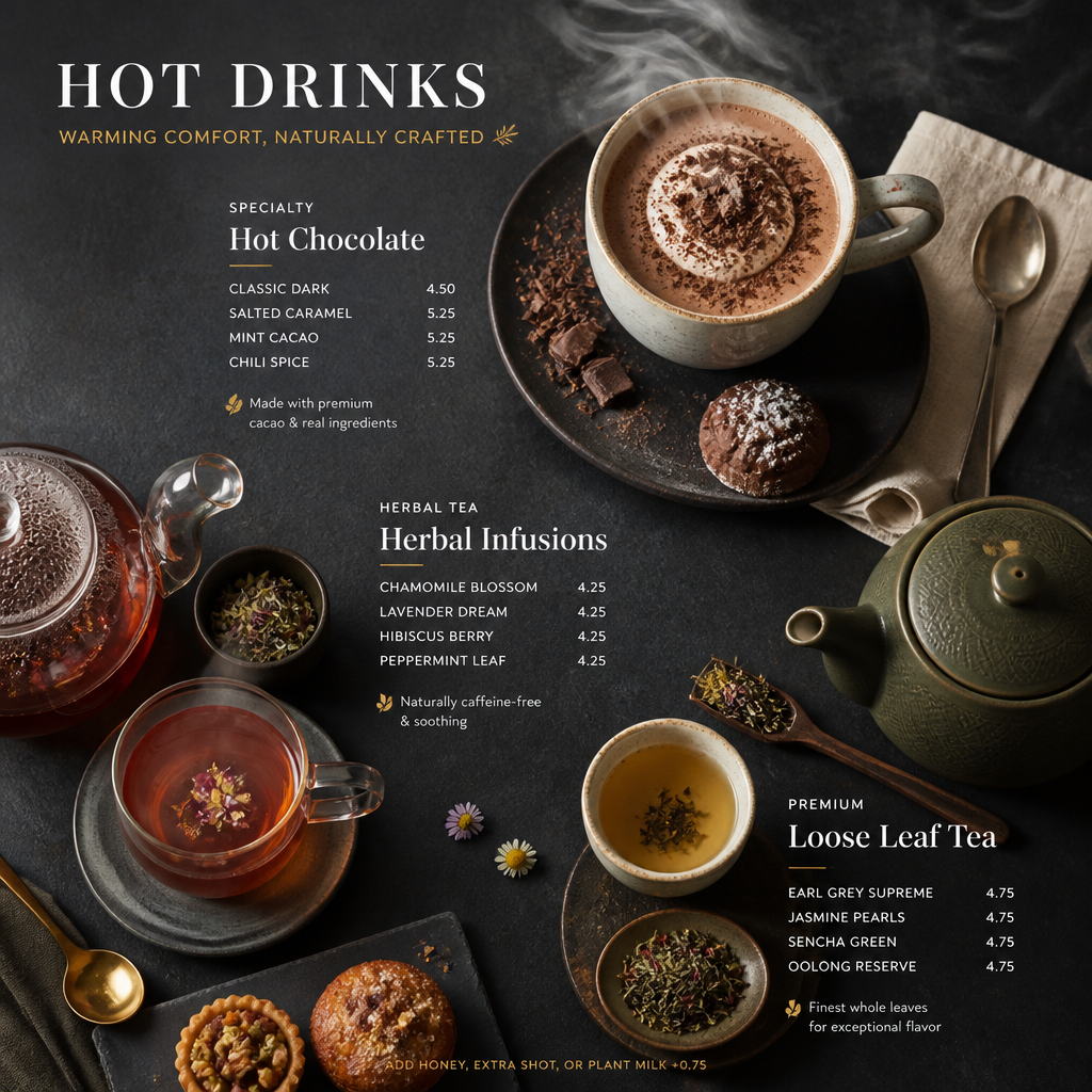 Overhead view of premium hot drinks menu display including hot chocolate and loose leaf tea service