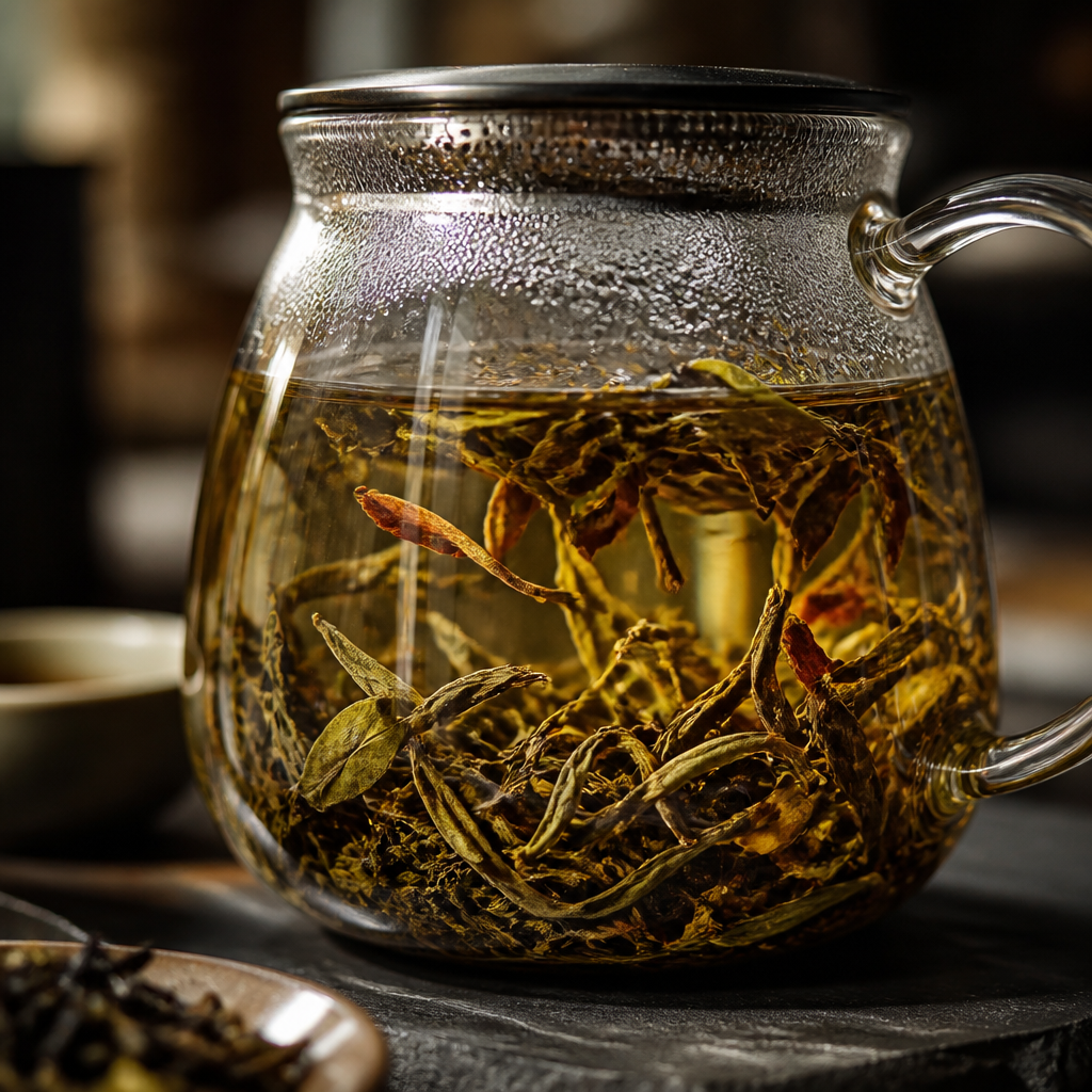 Macro detail of loose leaf tea leaves steeping in hot water, showing texture and color of premium tea