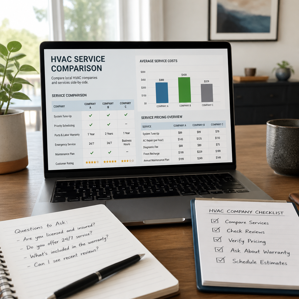 Homeowner researching HVAC repair options and comparing service quotes