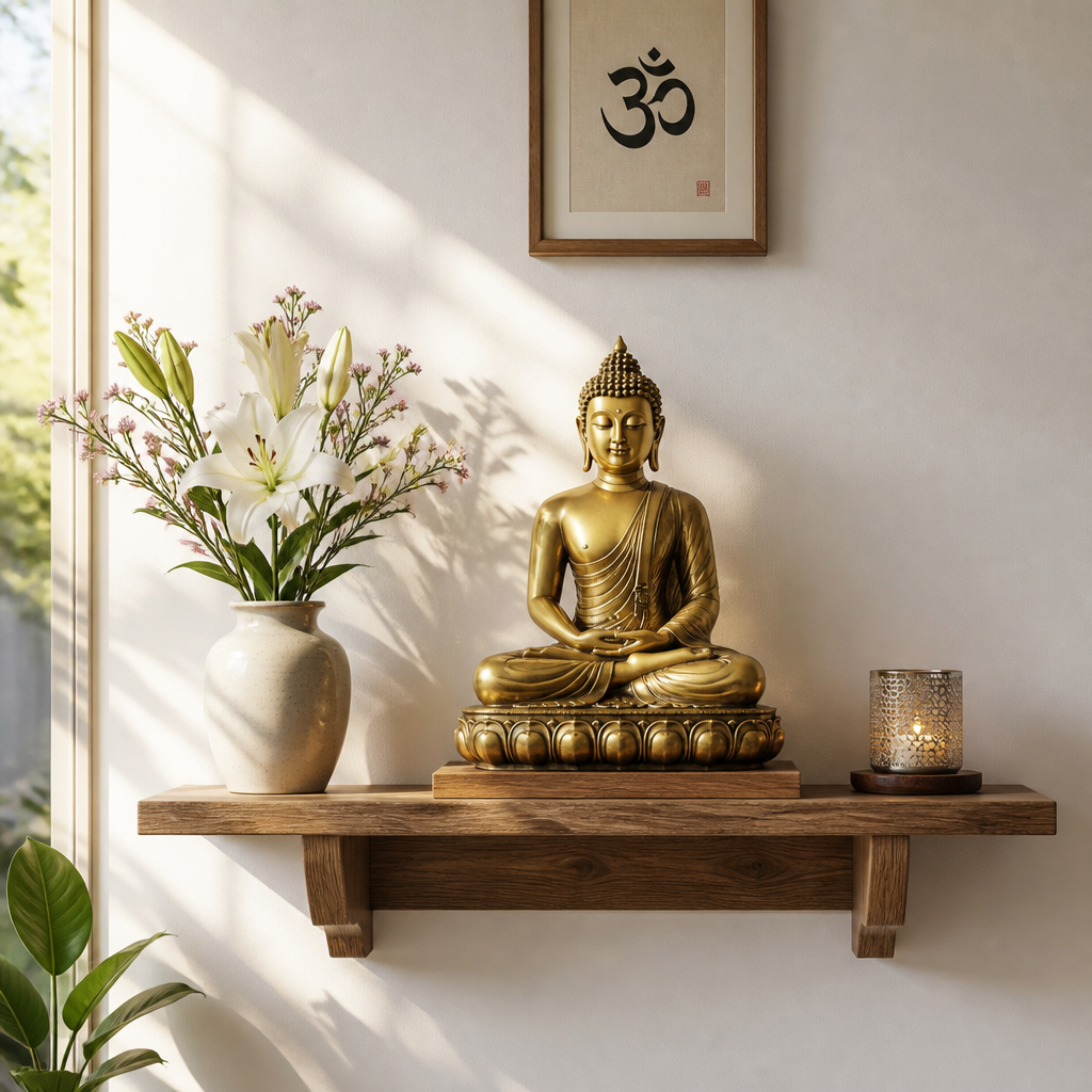 Autel minimaliste avec statue de Bouddha, fleurs et bougie à la lumière naturelle