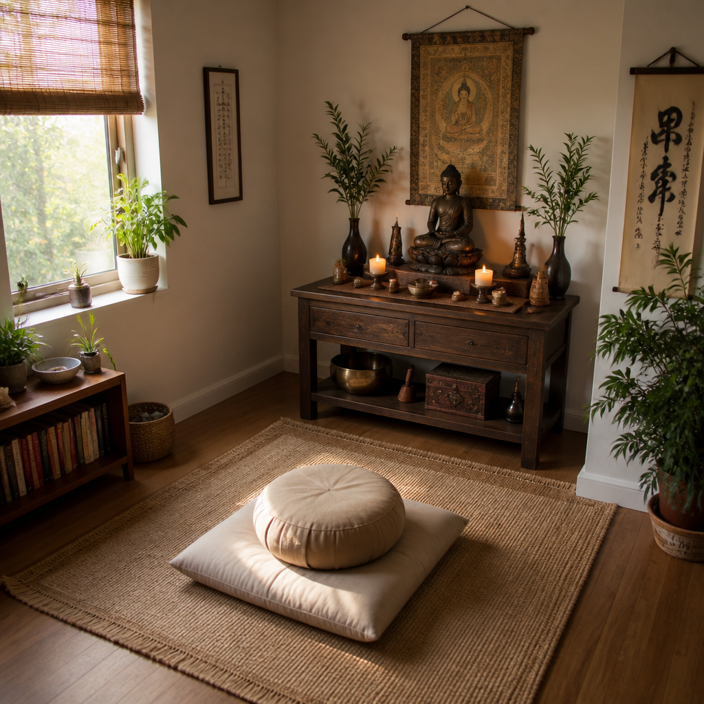 Vue aérienne de la configuration complète de l'autel de la maison avec espace de méditation dans le coin de la chambre