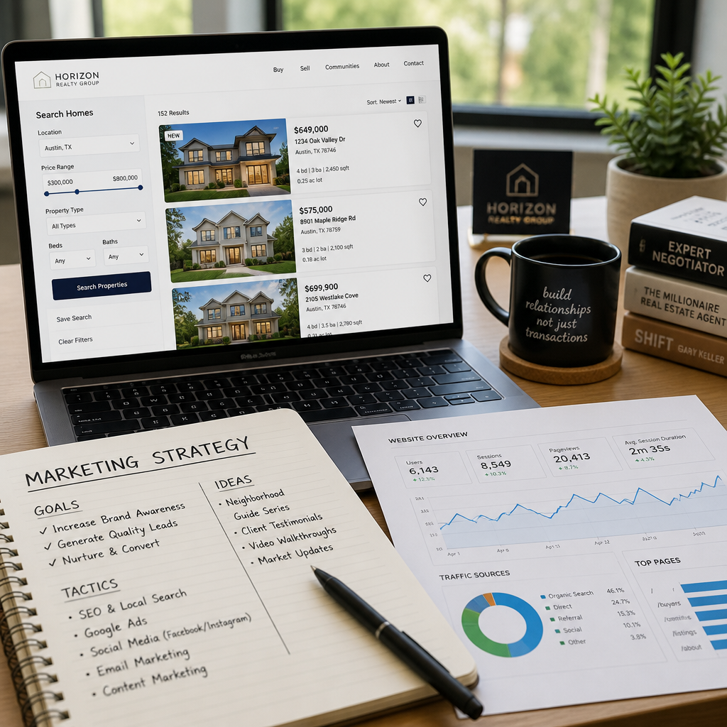 Real estate professional workspace showing laptop, property listings, and marketing analytics