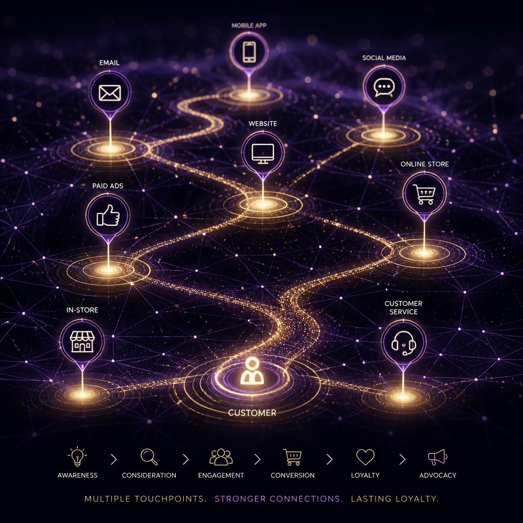 Abstract network visualization of multiple brand touchpoints and customer journey connections