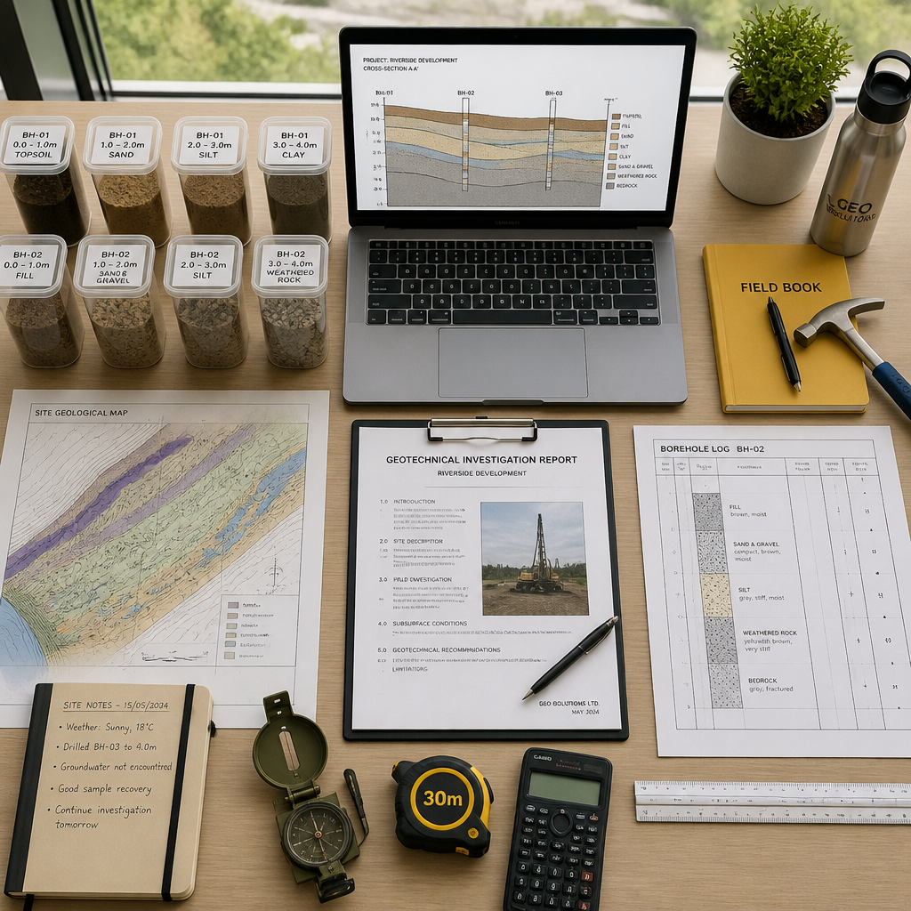 Poste de travail d'un géotechnicien avec échantillons de sol et documentation technique