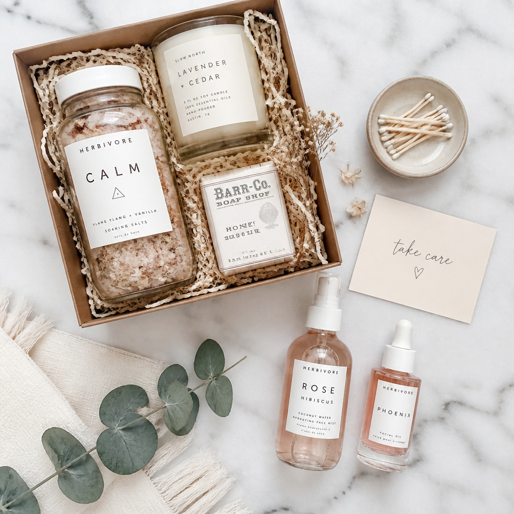 Overhead view of a self-care gift set with bath products and candles on marble