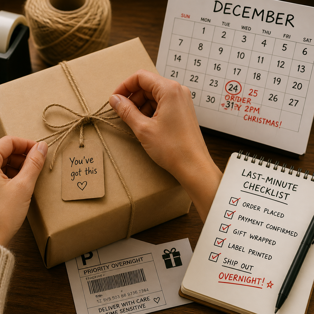 Shipping box being prepared with calendar showing urgent timeline in background