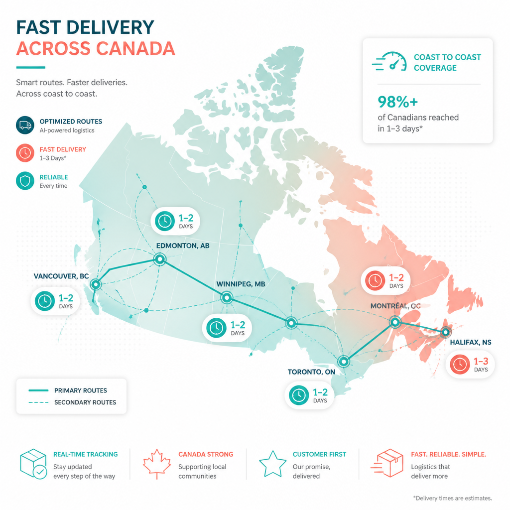 Map of Canada with shipping routes and time indicators for delivery visualization