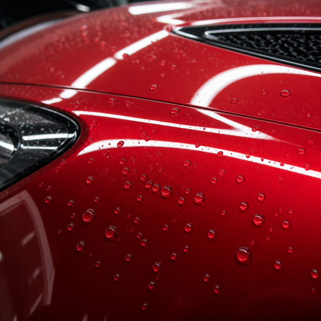 Luxury car paint with ceramic coating under professional lighting showing glossy, mirror-like finish