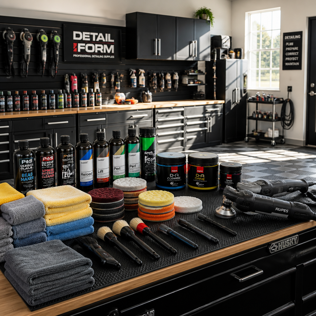 Professional car detailing tools and products organized in a clean workspace