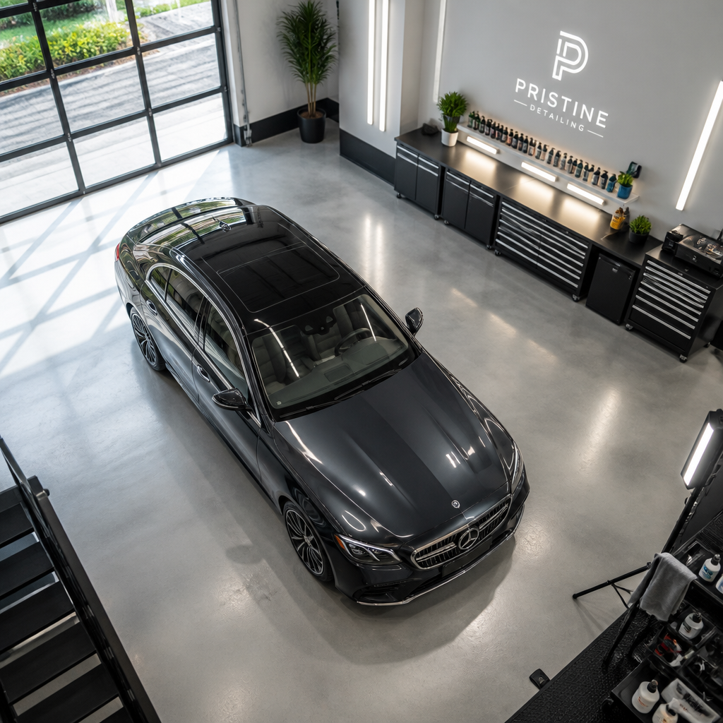 Luxury vehicle in a professional detailing facility with premium lighting and clean environment