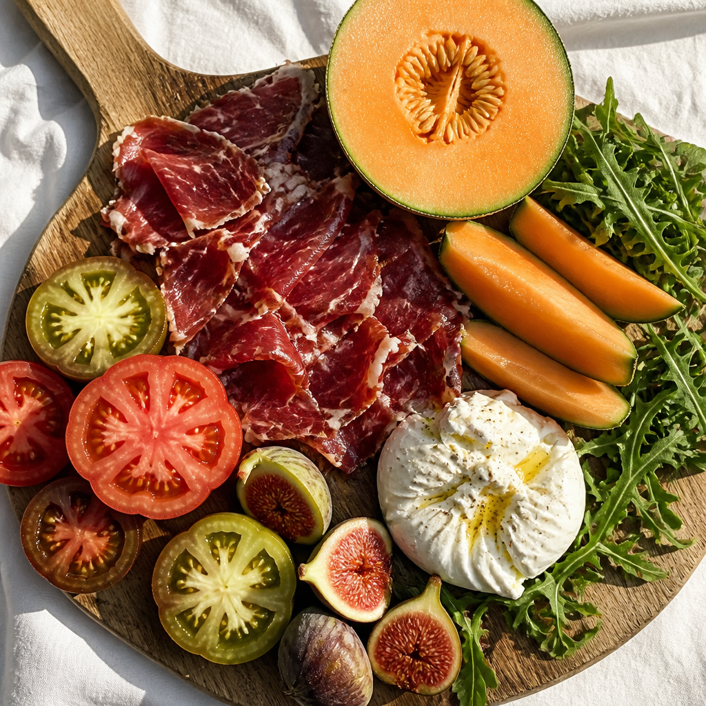 Tabla de madera con jamón ibérico loncheado y ingredientes de verano frescos