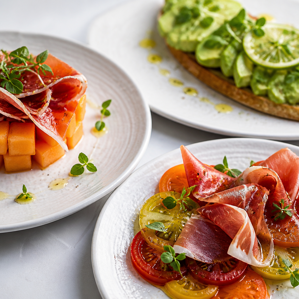 Detalle de elegantes aperitivos de verano con jamón ibérico loncheado en platos blancos