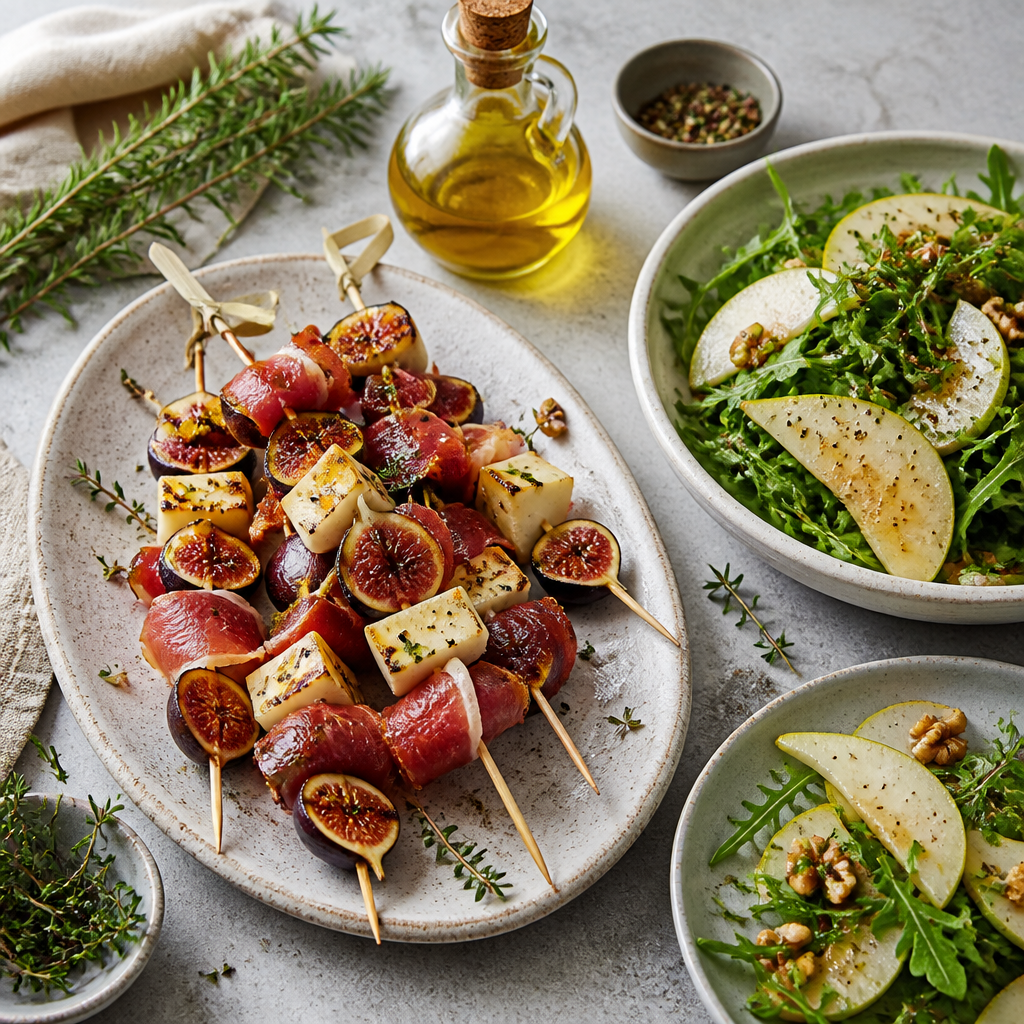 Brochetas de higo y queso con jamón ibérico y ensalada fresca en composición de verano