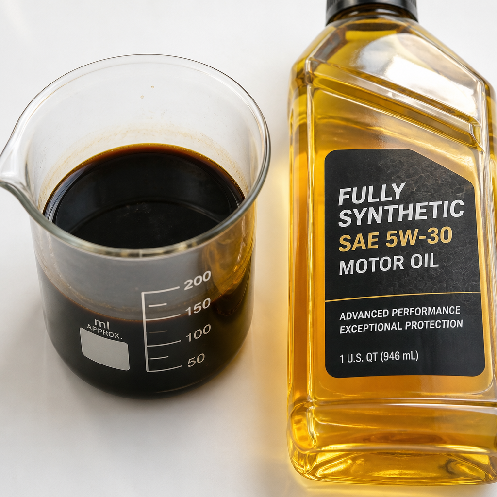 Comparison of conventional and synthetic motor oils in glass containers