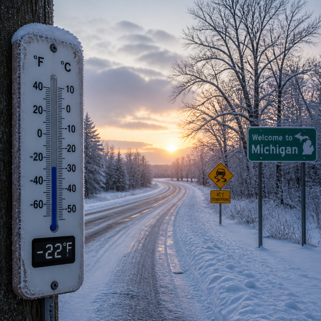 Winter road conditions and temperature indicator representing Michigan cold weather effects on vehicles