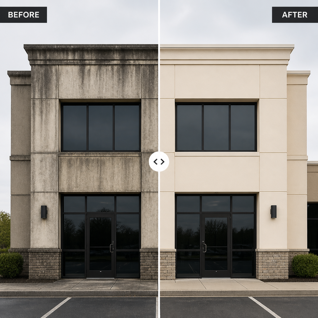 High Pressure Cleaning Melbourne: When & Why It Works Building facade before and after professional cleaning