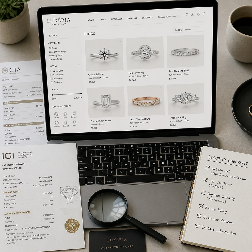 Laptop showing online ring shopping with verification documents and security checklist