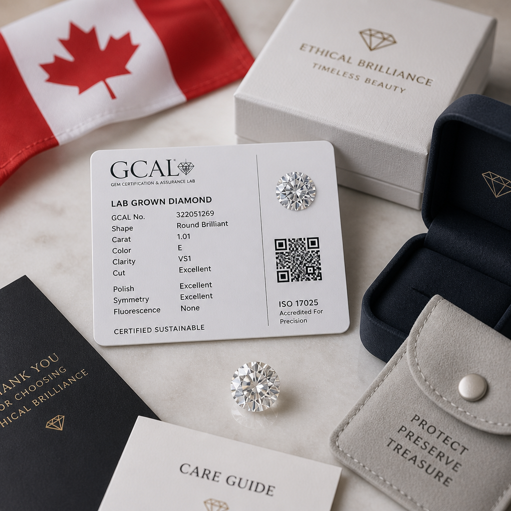 Certified gemstone with documentation and protective packaging representing safe online purchases