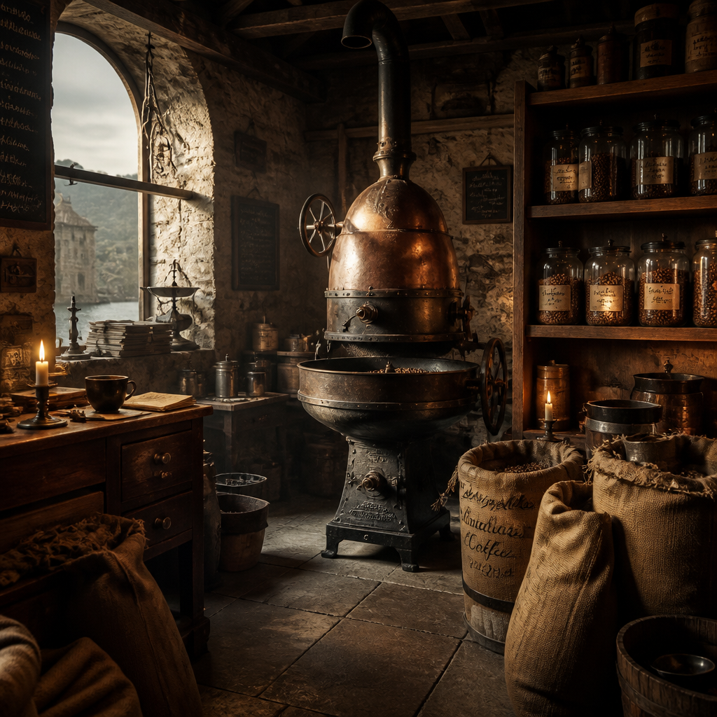 Historic coffee roastery equipment and workspace with traditional roasting machinery and aged coffee sacks