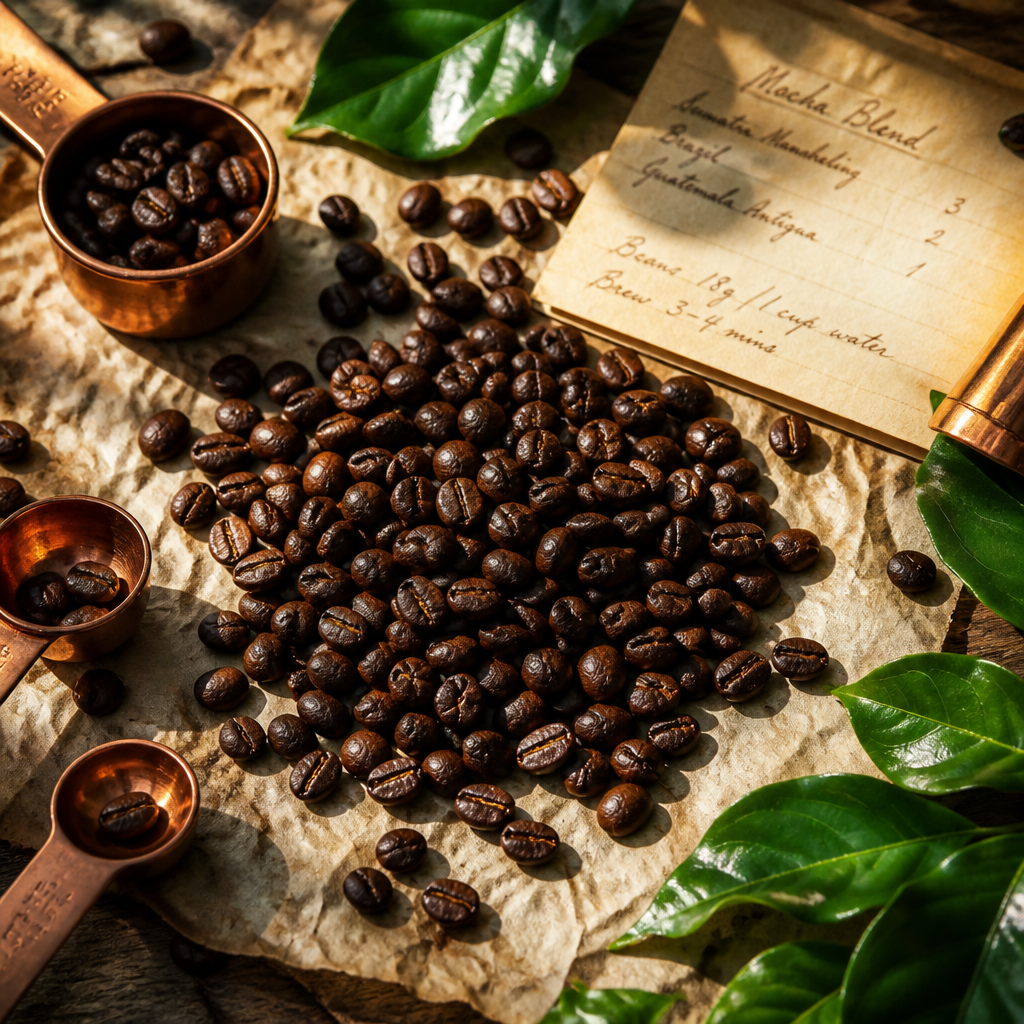Freshly roasted coffee beans with vintage roasting tools and heritage recipe materials