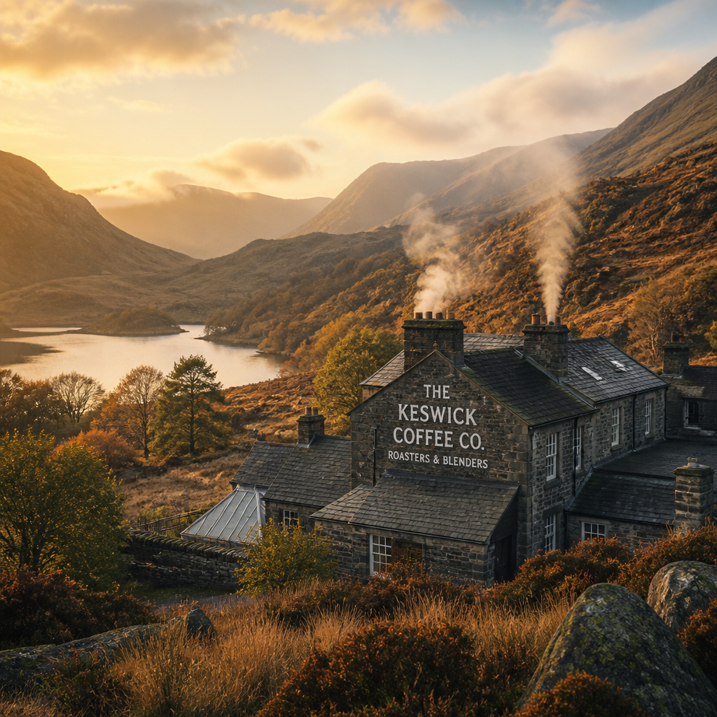 Historic roastery building set in the Lake District landscape surrounded by mountains and moorland