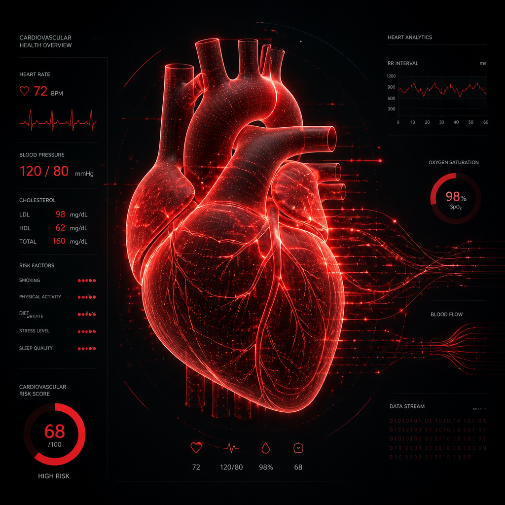Abstract illustration of a heart with glowing data visualization representing cardiovascular health