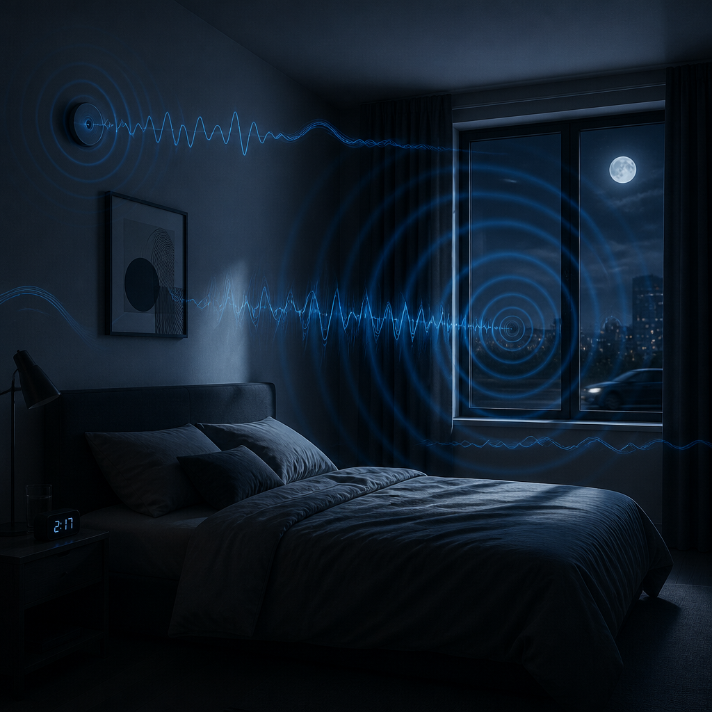 Bedroom at night with illustrated sound waves showing noise disruption in sleep environment