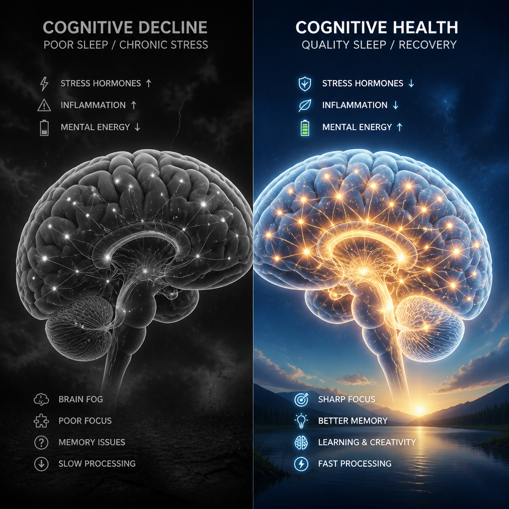 Conceptual split image comparing a stressed brain versus a healthy brain, symbolizing effects of sleep deprivation on cognition