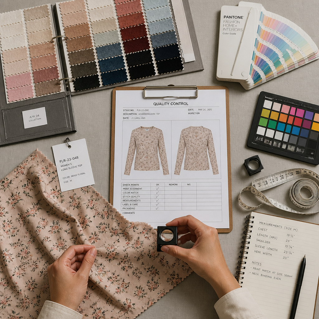 Quality control station with fabric swatches and inspection tools for DTF printing assessment