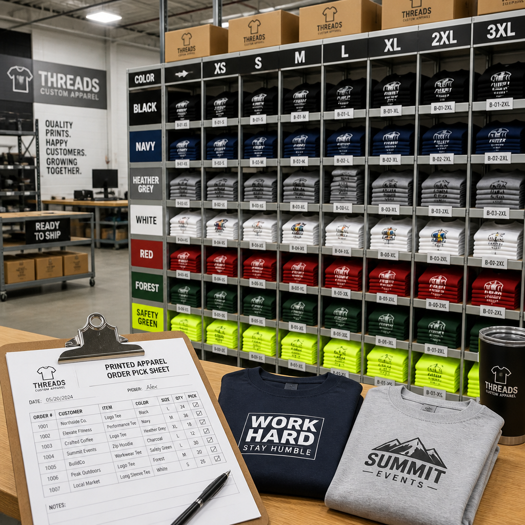 Organized warehouse with stocked printed apparel ready for dispatch