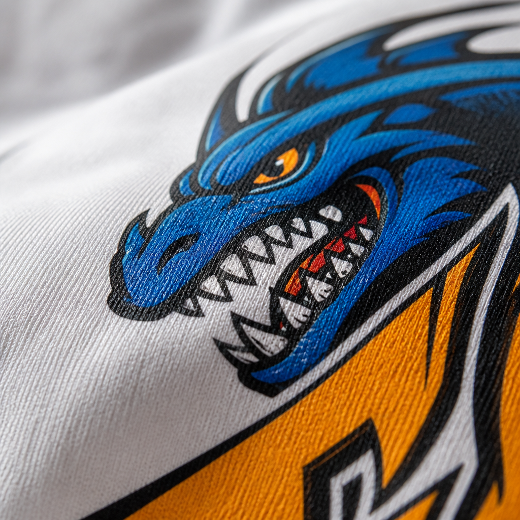 Detailed close-up of high-quality DTF printed fabric showing color definition and ink durability
