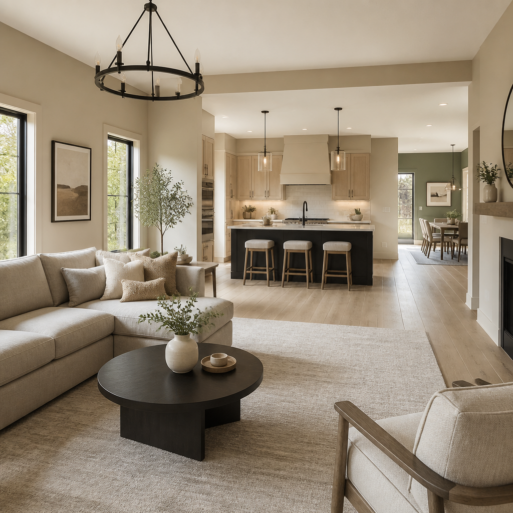 Open-concept home with coordinated neutral paint colours flowing across connected living spaces