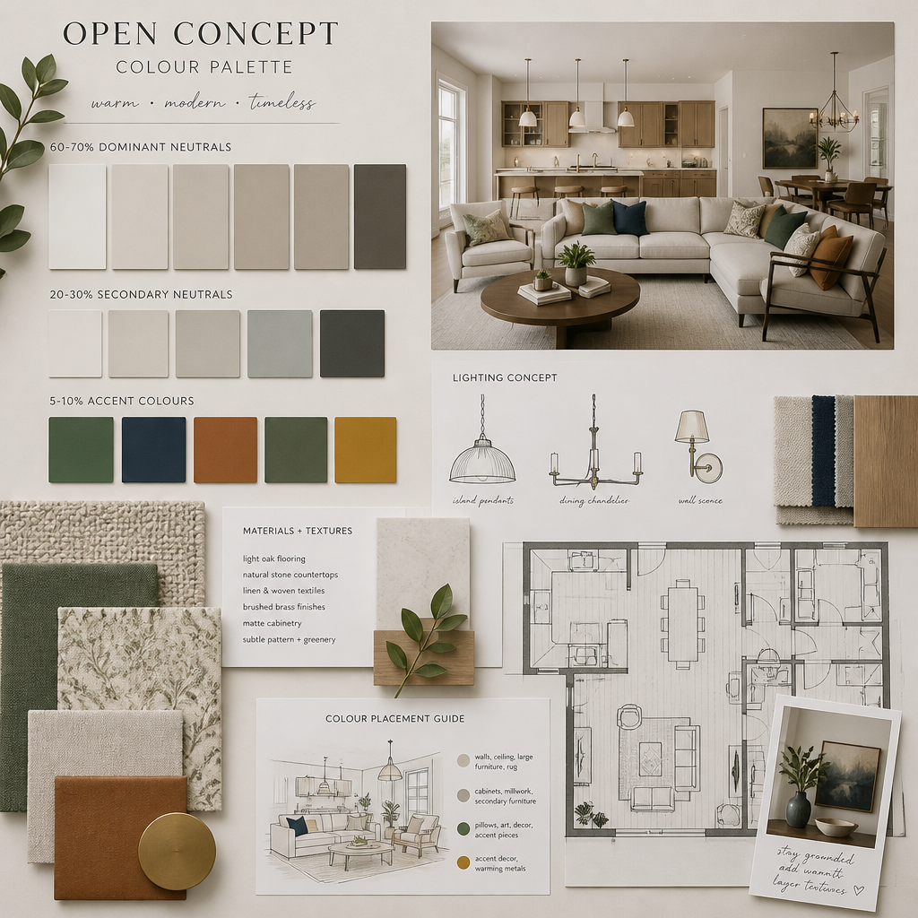 Designer's mood board and colour palette planning for open-concept home painting project