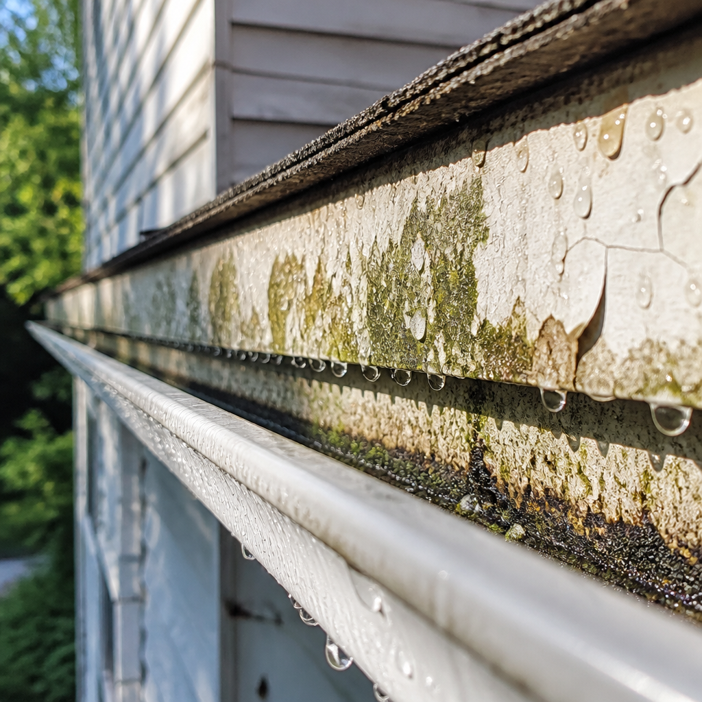 Close-up of gutter deterioration and mold growth from summer weather