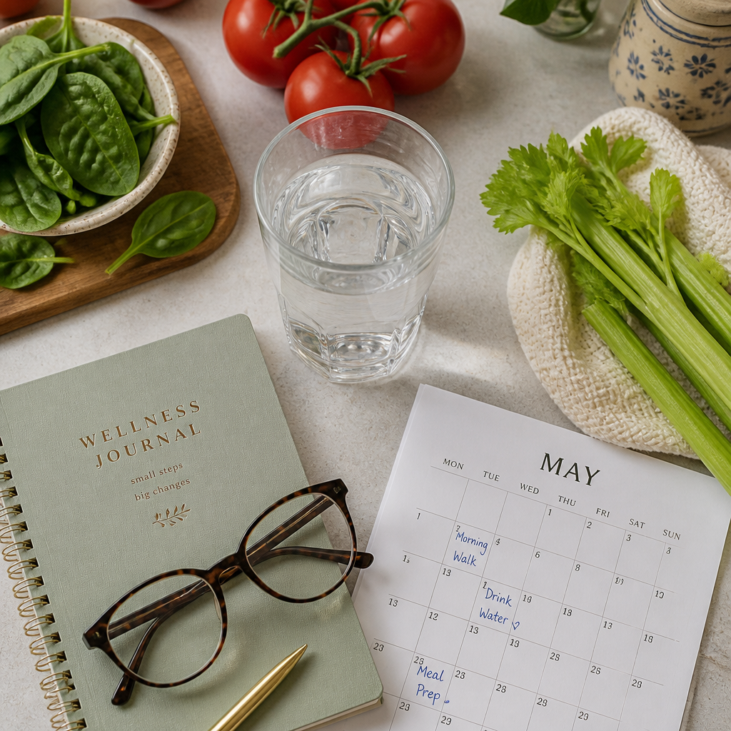 Kitchen scene with water glass, vegetables, and wellness journal representing daily hydration routine