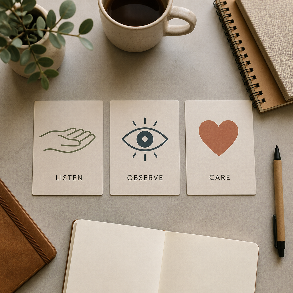 Abstract workspace representing non-verbal communication through symbols of listening and observation