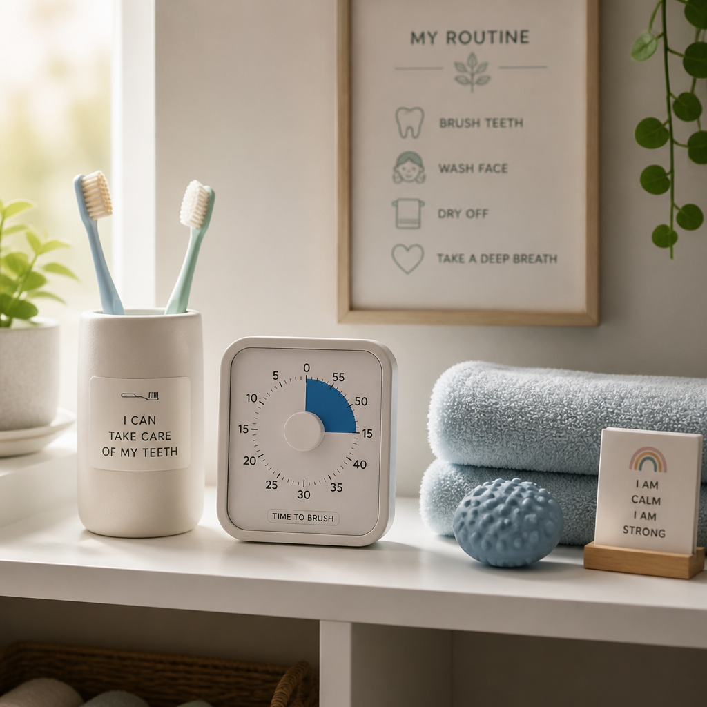 Organized bathroom shelf displaying daily oral care routine essentials in a calm setting