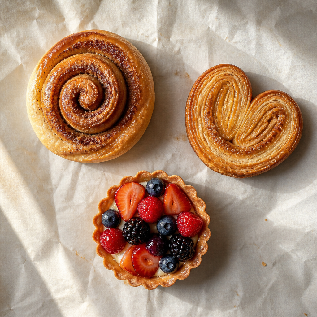 Overhead view of three French pastries: cinnamon roll, palmier, and fruit tart on parchment paper