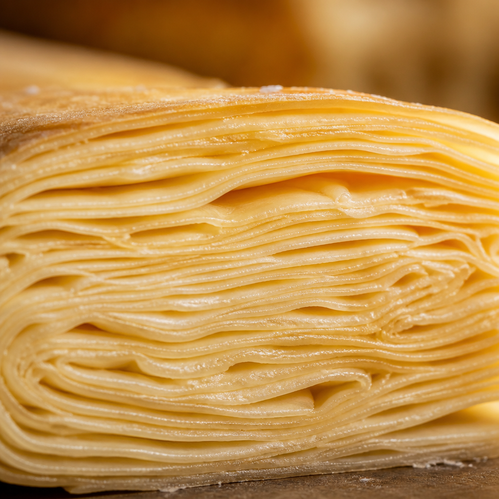 Close-up of laminated pastry dough layers showing thin, alternating butter and dough stripes